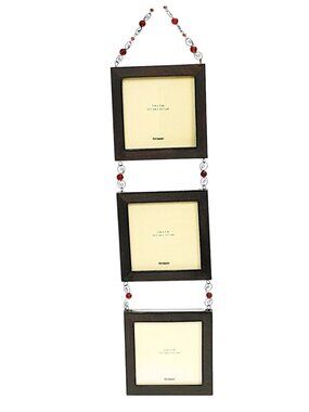 PIER 1 IMPORTS Triple Wall Frame Brown Wood Red Beads Boho Decor Hanging